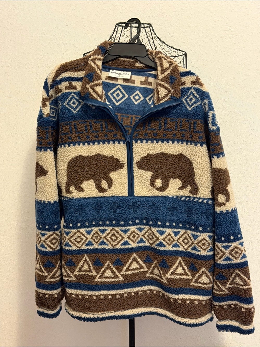 No Boundaries Blue, Brown and Cream Bear-Print Sherpa Zip Pullover